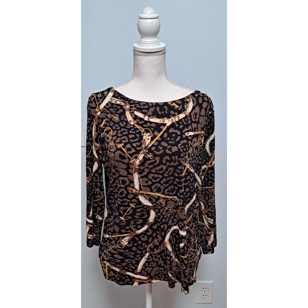 Rafaella Womens Blouse Medium Brown/Black Equestrian Print 3/4 Sleeve